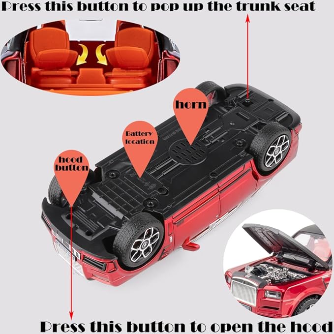 Toy Car Model Rolls-Royce Cullinan 1/24 Red Alloy Collectibles Die-cast Vehicles with Sound and Light
