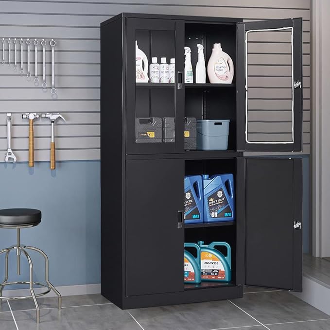 Black Metal Storage Cabinet with Glass Doors, 71" Locking Glass Door Cabinet with 2 Adjustable Shelves, Steel Storage Cabinet with 4 Doors for Home, Living Room, Bathroom