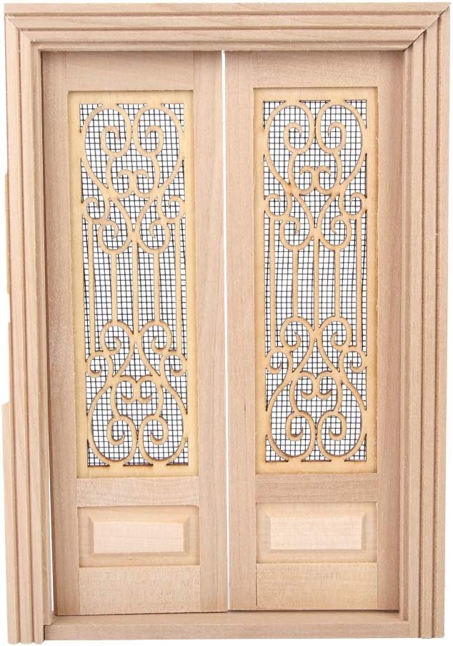 Doll Door, 1:12 Dollhouse Furniture Miniature DIY Hollow Wooden Door Set Wood Exterior Door Excellent Furniture Model