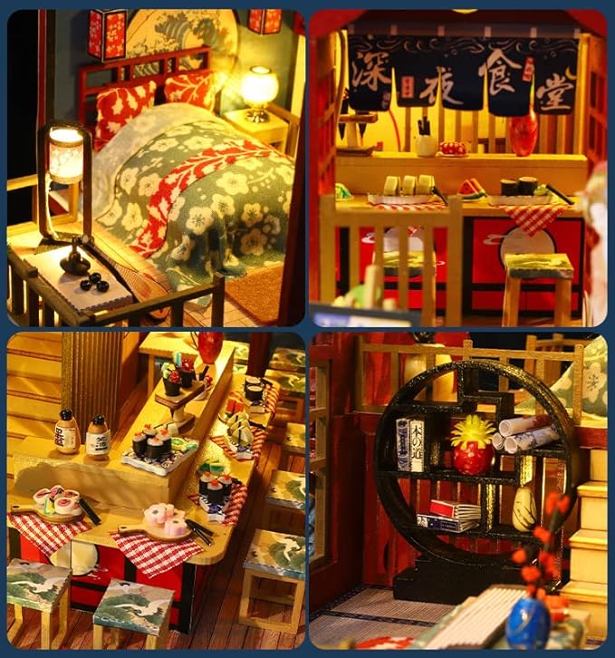 GuDoQi DIY Miniature Dollhouse Kit, 1:24 Scale Tiny House with Music Plant, Model Craft Kit for Adults, Great Handmade Gift for Birthday Christmas Day, Japanese Villa Courtyard