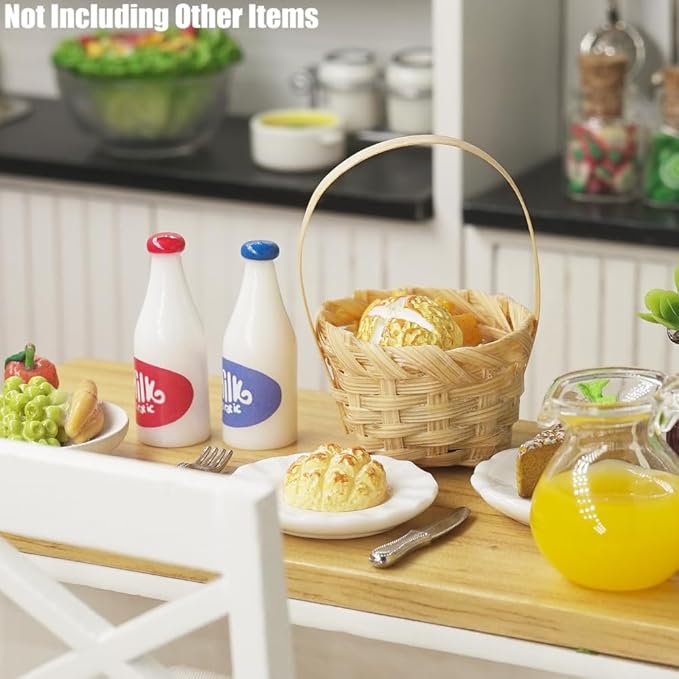 Odoria Dollhouse Bread and Milk Miniature: 1/12 Scale Baking Breakfast Wicker Basket Fairy Garden - Mini Farm Country Rustic Kitchen - Tiny Resin Food Realistic Props for Craft DIY
