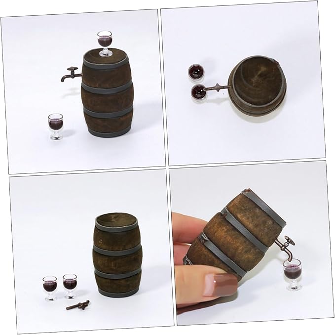 KONTONTY Mini Wooden Beer Barrel with Faucet Miniature Fairy Garden Decor Vintage Small Wine Container Dollhouse Accessories for Creative Home Model Display