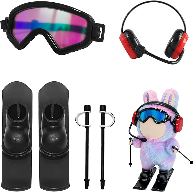 2026 New 8-Piece Ski & Snowboard Set for 17cm Dolls - Goggles, Headset, Ski Poles, Boots & Snowboards, Vinyl Figure Sports Adventure Collection (Doll is NOT Included) (Black)