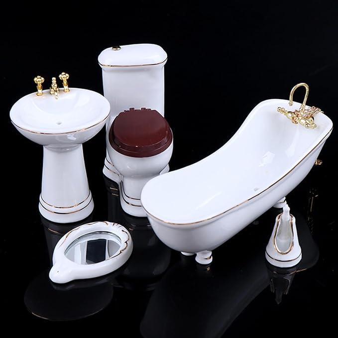 1:12 Dollhouse Miniature Porcelain Bathroom Set 5 PCS White Ceramic Toilet Basin Bathtub Mirror Miniature Furniture Doll Accessories for Bathroom Cake Topper Toy Fairy House Furniture Miniature Toys