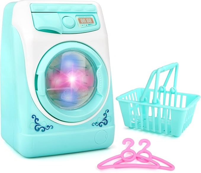 deAO Washing Machine Toy for Kids Dollhouse Furniture Pretend Play Household Appliance Realistic Sounds with Lights Laundry Play Set with Rotatable Roller for Boys Girls