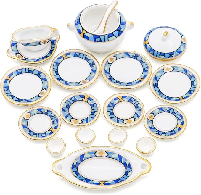 Odoria 1/12 Miniature Dish Dinnerware Set 17Pcs Dollhouse Decoration Accessories, Mediterranean Blue