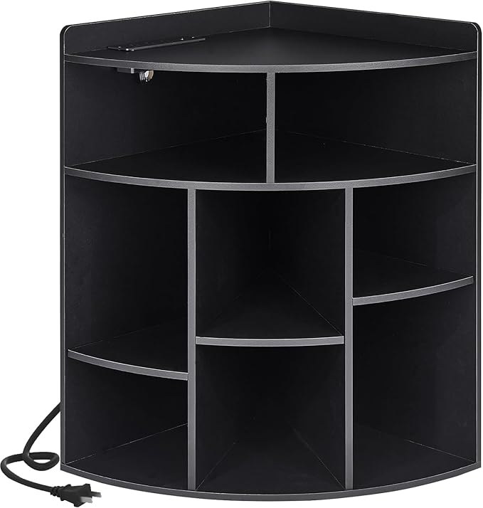 VECELO Corner Cube Shelf with USB Ports & Outlets, Modern Corner Toy Storage Rack with Adjustable Shlef, Wooden Display Bookshelf Bookcase for Living Room, Bedroom, Dining Room, Kitchen, Black