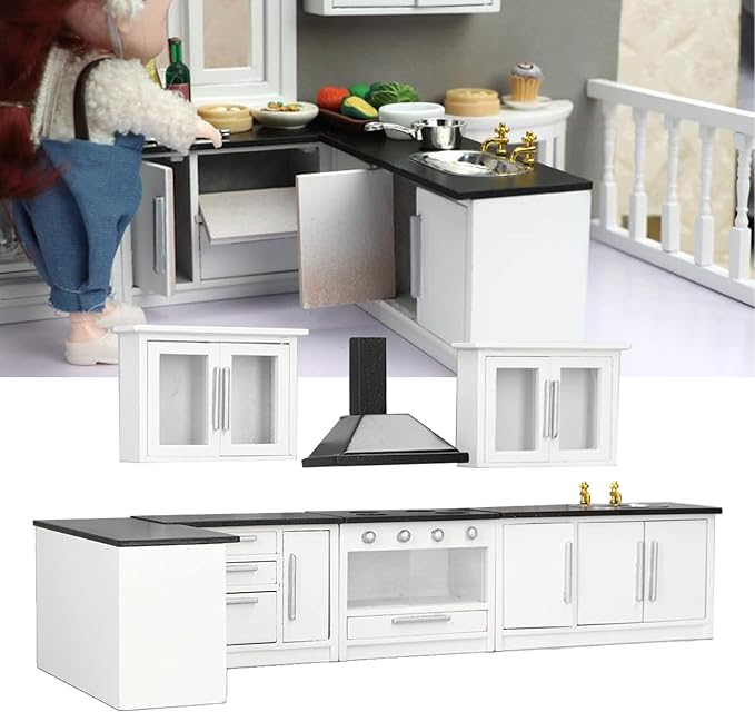 JTLB 7pcs 1:12 Mini Dollhouse Kitchen Cabinet Simulation Life Scene Dollhouse Modern Kitchen Set