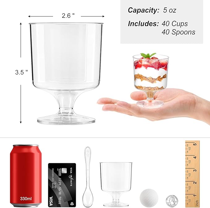 5 oz Mini Dessert Cups with Spoons, 40 Pack Small Dessert Cups Plastic Footed Wine Glasses for Serving Trifles, Appetizers, Puddings, Mousse, Parfait