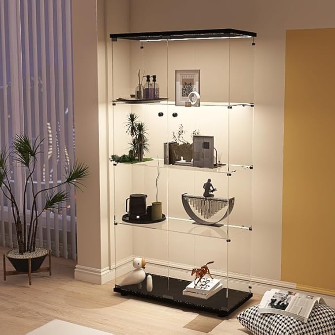 Display Cabinet with Glass Doors, 4-Tier Curio Cabinet with LED Lights for Collectibles (2700K-6000K), Glass Display Case with Remote Control
