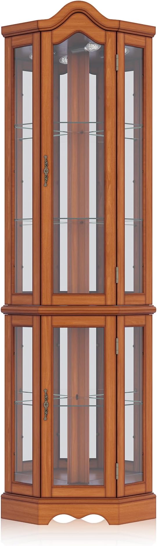 BELLEZE Lighted 3-Side Glass Display Curio Cabinet w/Tempered Glass Doors and Shelves, Curved Wood Corner Cabinet with Bulb, Corner Storage Rack for Living Room and Kitchen (Oak)