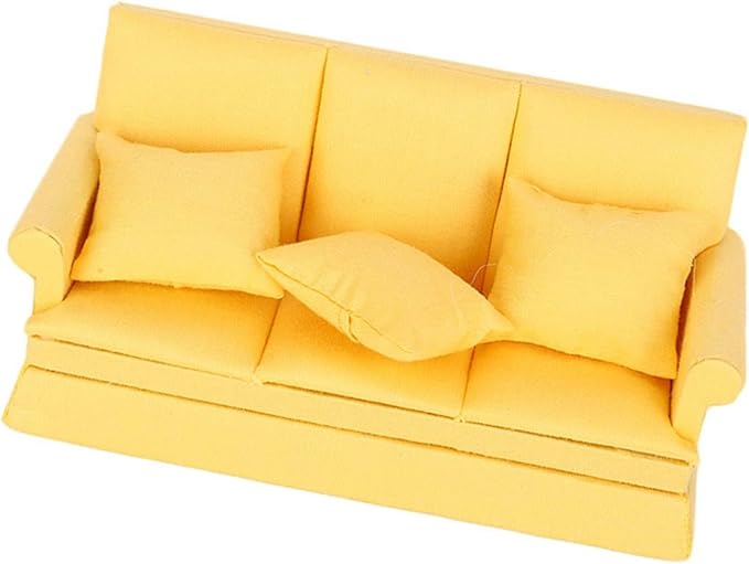 Dollhouse Furniture 1 12 Scale Couch Doll House Mini Sofa with 3Pcs Pillow Living Room Furniture Wooden Doll House Decoration Accessories Dolls House Living Room (Yellow)