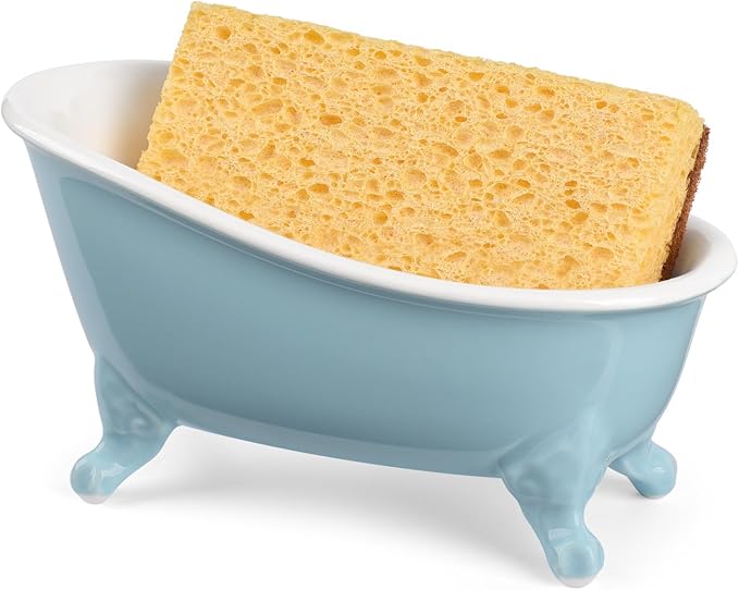 NEWHENGS 6.1" Vintage Ceramic Mini Decorative Clawfoot Bathtub Bar Soap Dish, Kitchen Sponge Holder and Shower Tray for Bathroom, 1 Pack (Baby Blue)