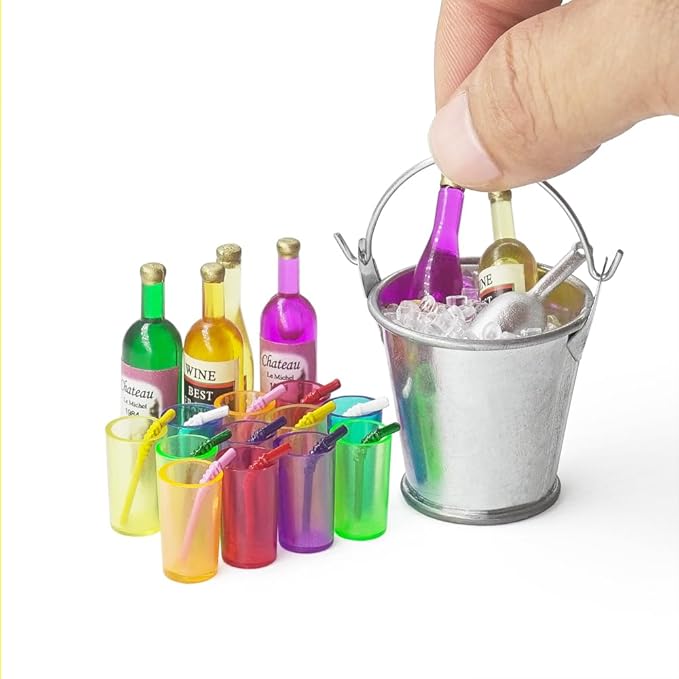 Odoria Dollhouse Drinking Beverages Miniature: 1/12 Scale Wine Liquor Ice Drinks Bottles for Fairy Elf Party Summer Beach - Mini Bar Alcohol Whiskey Cocktail Glasses Realistic Props Models