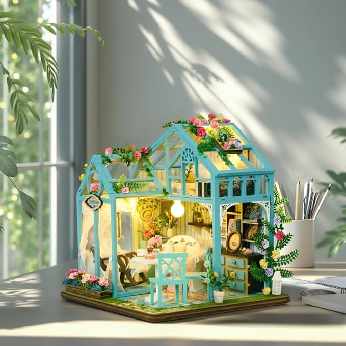 Miniature House Kit, Tiny House Kit with LED Light, DIY Mini House Building Kits for Adults to Building, Unique Gift for Birthday Christmas, Tea House