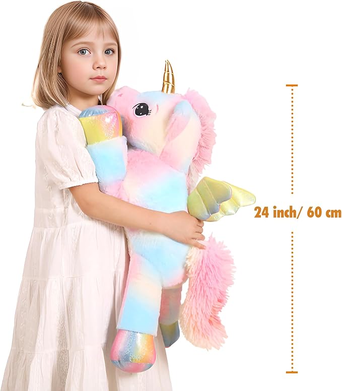 24 Inch Color Big Unicorn Stuffed Animal Plush Toy Pillow, Cute Soft Giant Unicorn with Rainbow Wings Large Doll, Gift for Children Girl Boy Kids Birthday Valentine Christmas