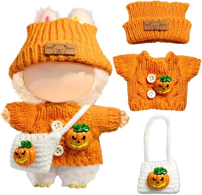 Clothes for LABUBU Doll (NO Doll), 3-Piece Handcrafted Crochet Accessories for LABUBU 17cm Dolls, Premium Fashion Outfit for LABUBU Dress Up - Pumpkin Sweater + Hat + Bag
