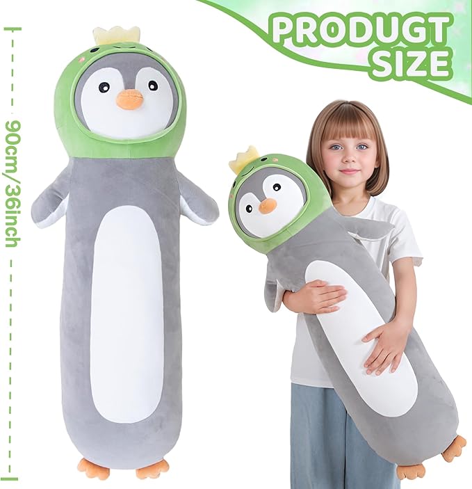 36 inch Long Penguin Plush Toy, Big Stuffed Animal with Cute Dinosaur, Cuddle Sleeping Body Pillow Penguin Plushies Gifts for Kids Boys Girls, Birthday, Halloween, Christmas