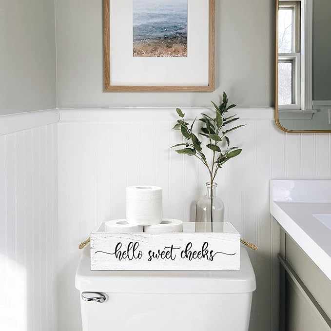 PZJIEAN Funny 2 Sides Hello Sweet Cheeks White Bathroom Decor Box with Handle, Farmhouse Bathroom Decor Box for Toilet Paper, Back of Toilet Organizer