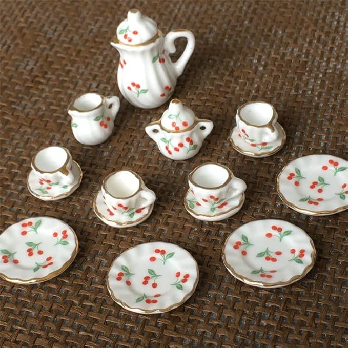 Dollhouse Decoration Accessories, 1:12 Dollhouse Miniature 15 Pcs Porcelain Tea Sets Mini Food Toy Model (J)