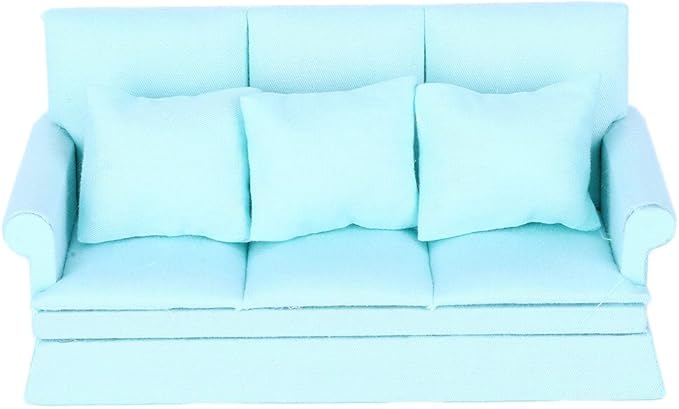 Dollhouse Furniture 1 ：12 Scale Couch Doll House Mini Sofa with 3Pcs Pillow Living Room Furniture Wooden Doll House Decoration Accessories (Lake Blue)