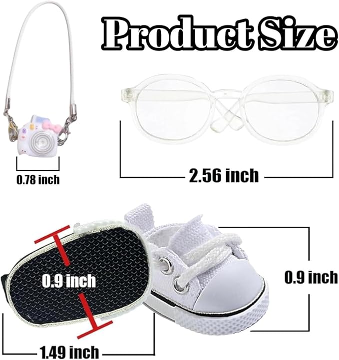 Doll Accessories Set for Labubu Included Mini White Glasses, Camera and Cute White Shoes, Dress Up Accessories for 15/17cm Dolls(No Clothes)