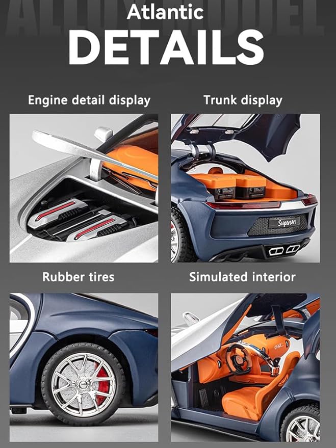 1:24 Simulated Atlantic Alloy Car Model Sound and Light Return Toy Car Metal Sports Car Boy Collection Ornaments Gifts (Black)