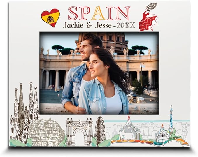 BELLA BUSTA-Personalized Europe Travel Picture Frame– Custom Spain Photo Frame with City & Country-Honeymoon, Vacation, Adventure, Favor Keepsake (Spain (Horizontal))