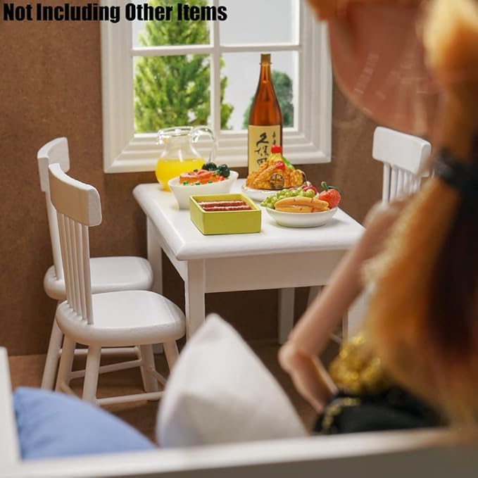 Odoria 1/12 Miniature Dining Table and Chairs Dollhouse Kitchen Furniture Accessories, White