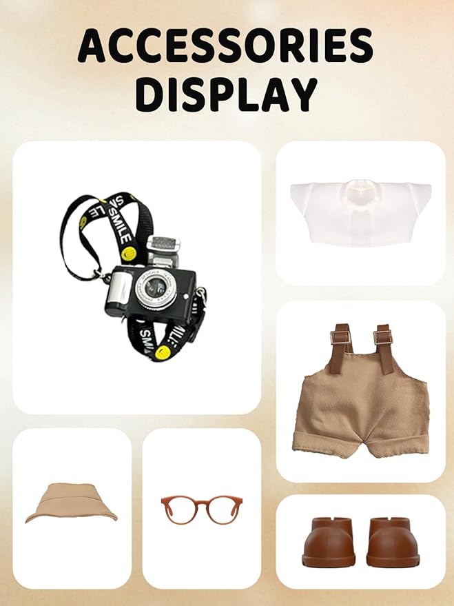 17cm Doll Clothes Set, Hat & Overalls & Shirt & Shoes & Glasses & Camera Set for 17cm Accessories Suit, Stylish Dolls Clothes Accessories, Cute Clothes for Dress up Unique Style (Khaki)
