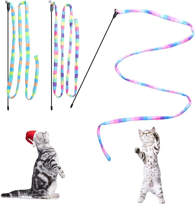 Cat Wand Toys Interactive Kitten Toys Cat Teaser Wand String Feather for Indoor Colorful Ribbon Wands Stick Toy Cat Charmer-3 Packs