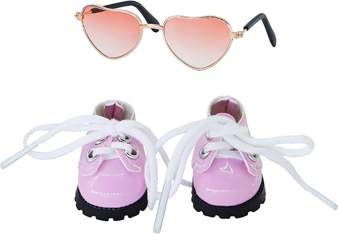 Suitable for 17cm Doll Clothing Accessories Set, Cute PU Leather Lace-up Mini Oxford Shoes and Glasses Two-Piece Set (Pink)