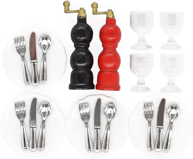Odoria 1/12 Miniature Wine Glasses Plates and Silverware Pepper Grinder Dollhouse Decoration Accessories
