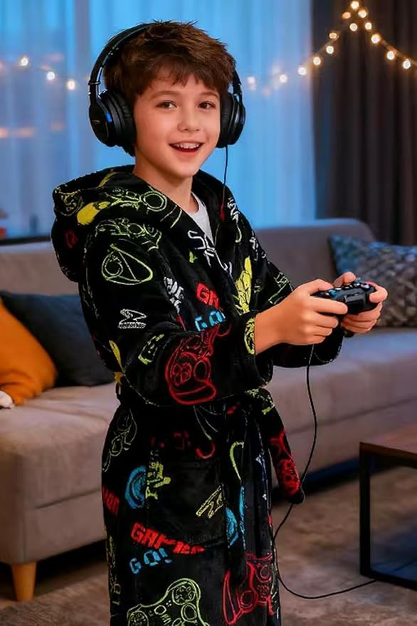 Boys Fleece Robe Hooded Toddler Soft Bathrobe Pajamas Sleepwear for Kids Girls 2-16 Years