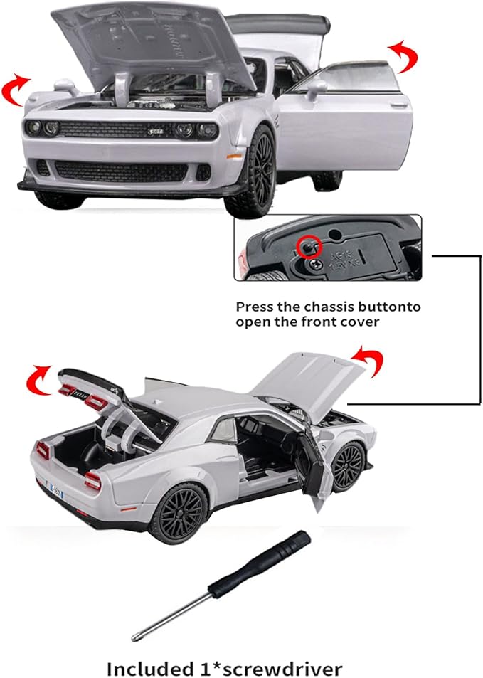 Toy Cars 1/32 Dodge Challenger Die Cast Metal Toy Cars Hellcat Toy Car with Sound and Light Pull Back Hellcat Car for 3+ Year Old Boys and Kids