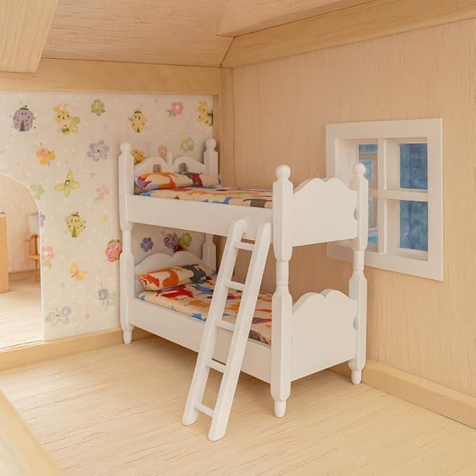 1/12 Scale Dollhouse Bunk Beds – Miniature Wooden Bed Set with Ladder, Realistic Mini Dollhouse Furniture Stuff Accessories, DIY Small Ornament Dolls Decor for Doll House, Tiny Wooden Bedroom