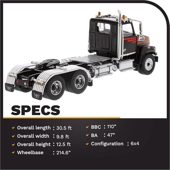 Diecast Masters Western Star 4700 SF Tandem Truck-Tractor - Metallic Black | Real Truck Specifications 1:50 Scale Model Semi Trucks by 71036