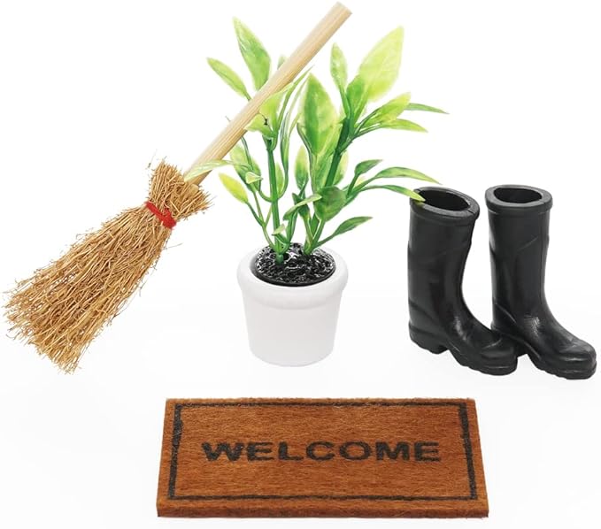 Odoria 1/12 Miniature Rubber Boots Plants Welcome Mats Doormat Broom Dollhouse Decoration Accessories