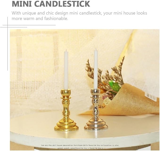 2Pcs Gold 1/12 Miniature Candle Holder Candlestick Dollhouse Accessories, DIY Micro Landscaping Decor