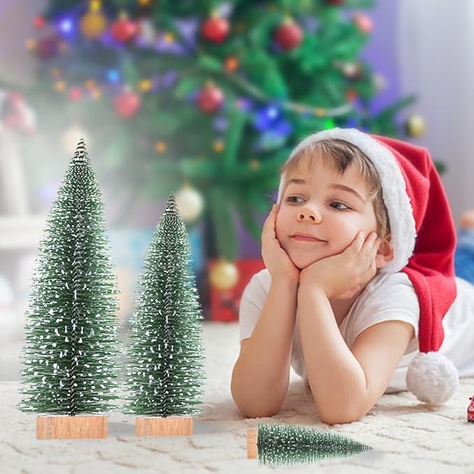 Yahpetes Miniature Christmas Tree 10 Pcs Pine Trees Sisal Trees Snow Frost Ornaments with Wooden Bases for Miniature Scenes, Christmas Crafting and Designing, 5 Size