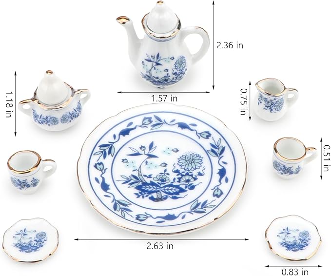 Dollhouse 1:6 Porcelain Tea Cup Sets 8 Pcs Set Miniature Ceramics Dollhouse Accessories Flower Pattern Teapot Platter Dish Sets Dollhouse Kitchen Supplies Decoration (Blue)
