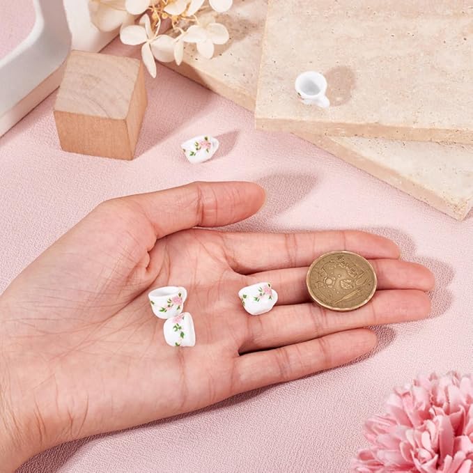 5Pcs Porcelain Mini Tea Cup Decorations 3D Ceramic Tea Set Miniature Model Ornaments Dollhouse Micro Landscape Decoration White with Pink Flower Garden Home Decor Accessories 16.5x12.5x9.5mm