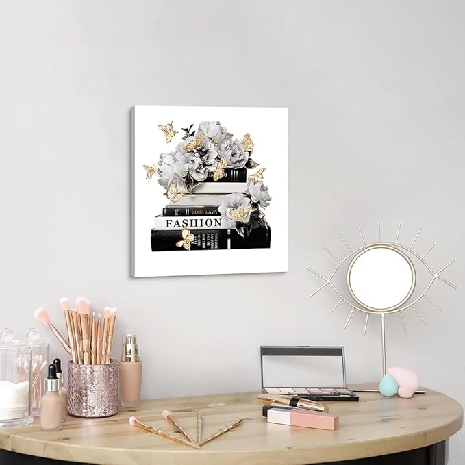 Dream Land Fashion Books Flower Wall Art: Black White Book Stack Picture 12"x12" Glam Gold Foils Butterfly Canvas Prints