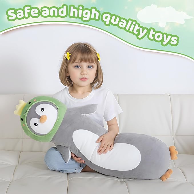 36 inch Long Penguin Plush Toy, Big Stuffed Animal with Cute Dinosaur, Cuddle Sleeping Body Pillow Penguin Plushies Gifts for Kids Boys Girls, Birthday, Halloween, Christmas