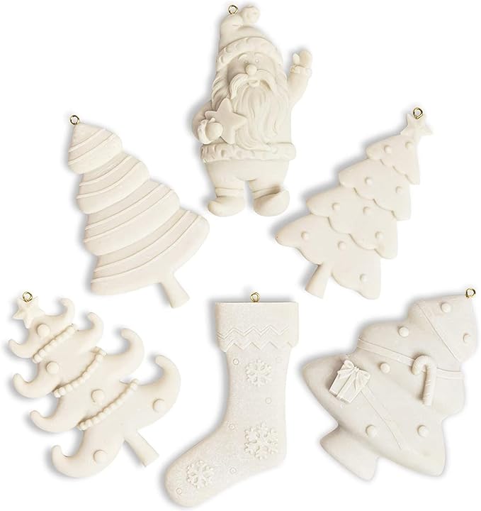 Bright Creations Ceramic Christmas Ornaments to Paint DIY Kit - 6 Unpainted Bisque Pieces (Tree, Santa & Stocking) - 12 Acrylic Paint Pods, 2 Brushes & Strings - Kids Ceramic Christmas Ornament Crafts