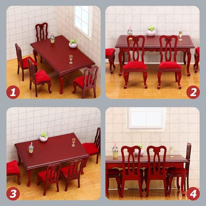 Vintage Dollhouse Furniture Miniature Table and Chairs Set 1/12 Scale Accessories Wood Mini Victorian Dining Chair Set Red Kitchen Decorations Model