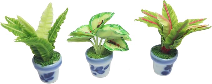 3 Pieces 1:12 Dollhouse Miniature Artificial Flower Plants in Ceramic Pot,Bird's Nest Fern,Homalomena sulcata,RER Bird's Nest Fern Dollhouse Accessories for Collectibles and Home Decoration
