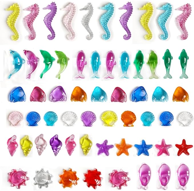 HappyFiller 120 PCS Sensory Bin Filler,Mini Resin Figures,Diving Gem Pool Acrylic Sea Shells Starfish Gemstones Under The Sea Party Decoration,Beach Theme,Vase Filler,Fish Tank Decorations,Crafts