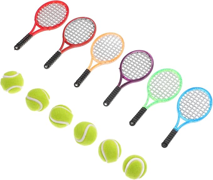 SUPVOX 6 Pcs Miniature Tennis Set, 1:12 Scale Dollhouse Sports Accessories with Rackets & Balls, Realistic Toy for Dolls, Room Decor, and Photography Props