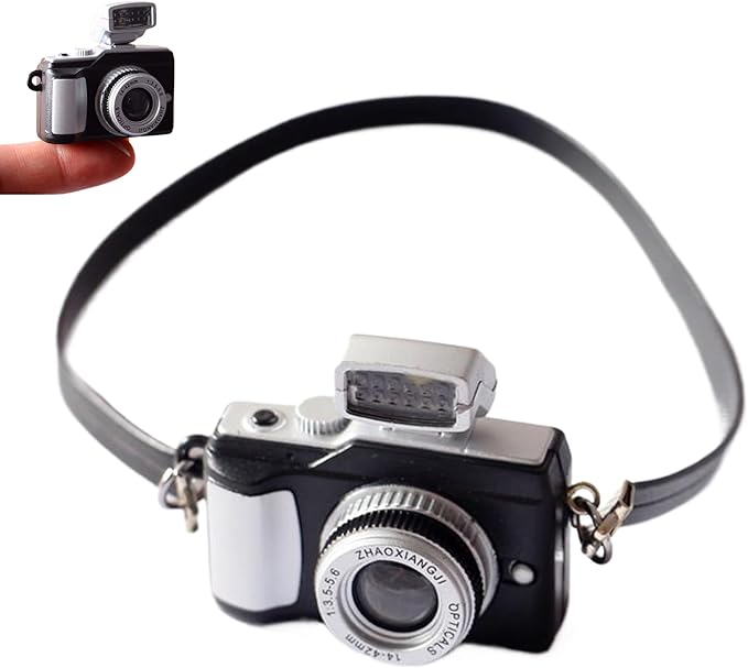 Mini Camera with Hanging Rope, Vintage Realistic Camera Ornament, Sturdy Reliable Prop Camera for 1/6 1/8 1/12 Scale Dollhouse Decoration Accessories Miniature Camera Minature Things Prop Camera Came